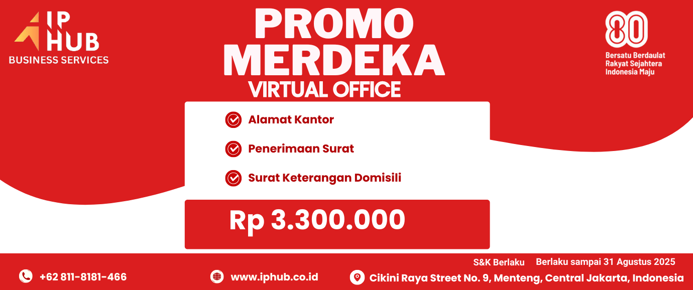 <h3><b>VIRTUAL OFFICE&nbsp;</b></h3><h3><b><span style="color: rgb(247, 247, 247);">IDR 3,300,000/tahun ONLY!!!</span></b></h3><h3><font color="#f7f7f7"><b>INDEPENDENCE DAY SPECIAL</b></font></h3>