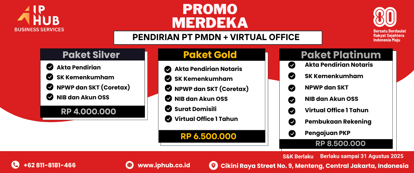 <p><b>Special Independence Day Promo!</b></p><p><b><br></b></p><p><b>Corporate Establishment (PMDN) and Virtual Office</b></p><p><b>Contact Us for More Information</b></p>