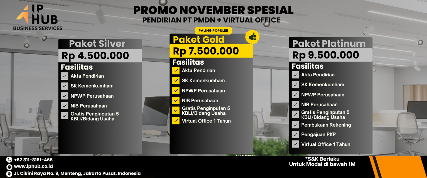 <p><b>Special November Promo!</b></p><p style="text-align: left;"><b>Corporate Establishment&nbsp; (PT PMDN) and Virtual Offices</b></p><p><b>Contact Us for More Information</b></p>